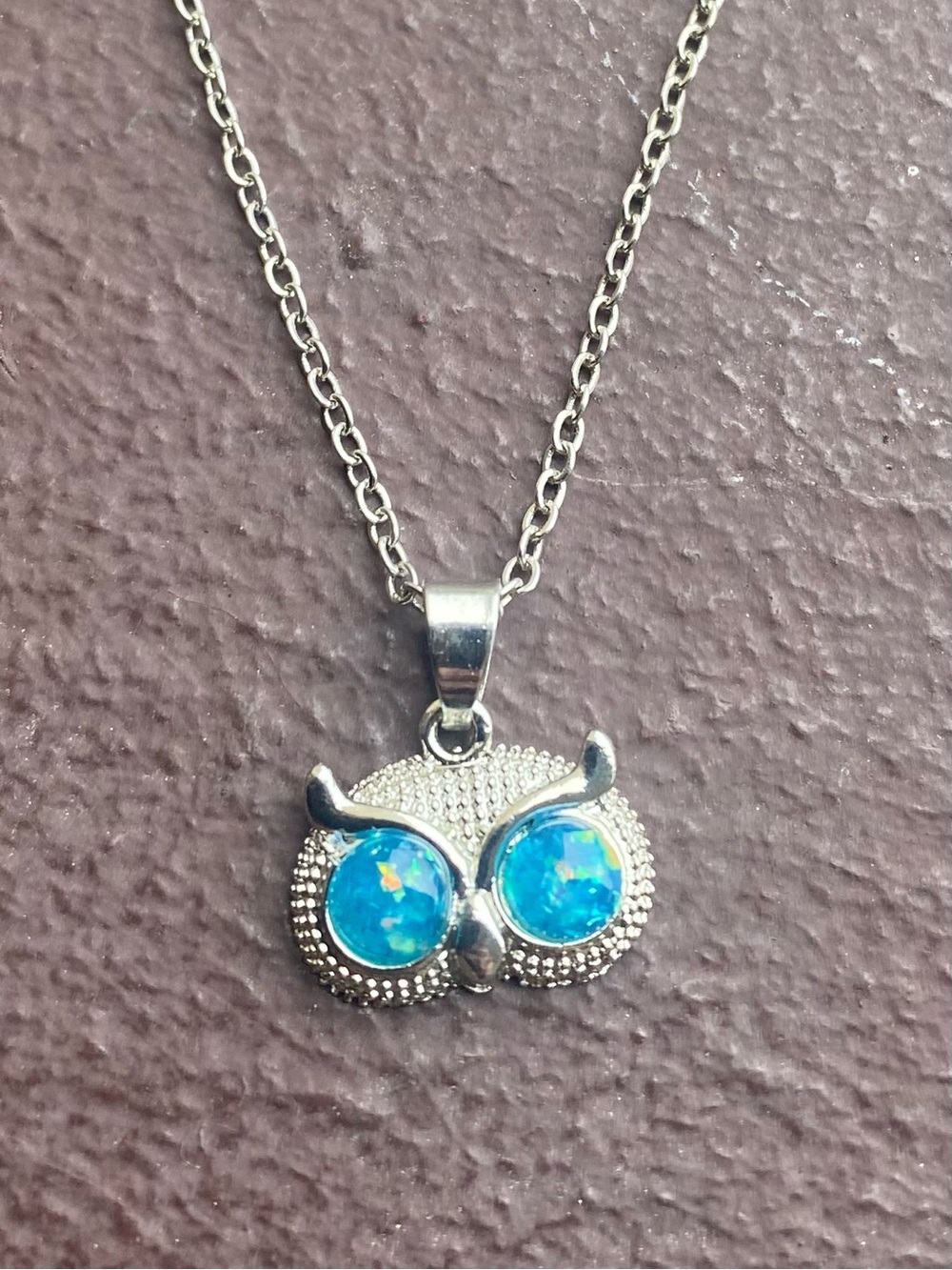 Stainless Steel Owl Charm w/ Lab-Created Opal Eyes Pendant/Necklace